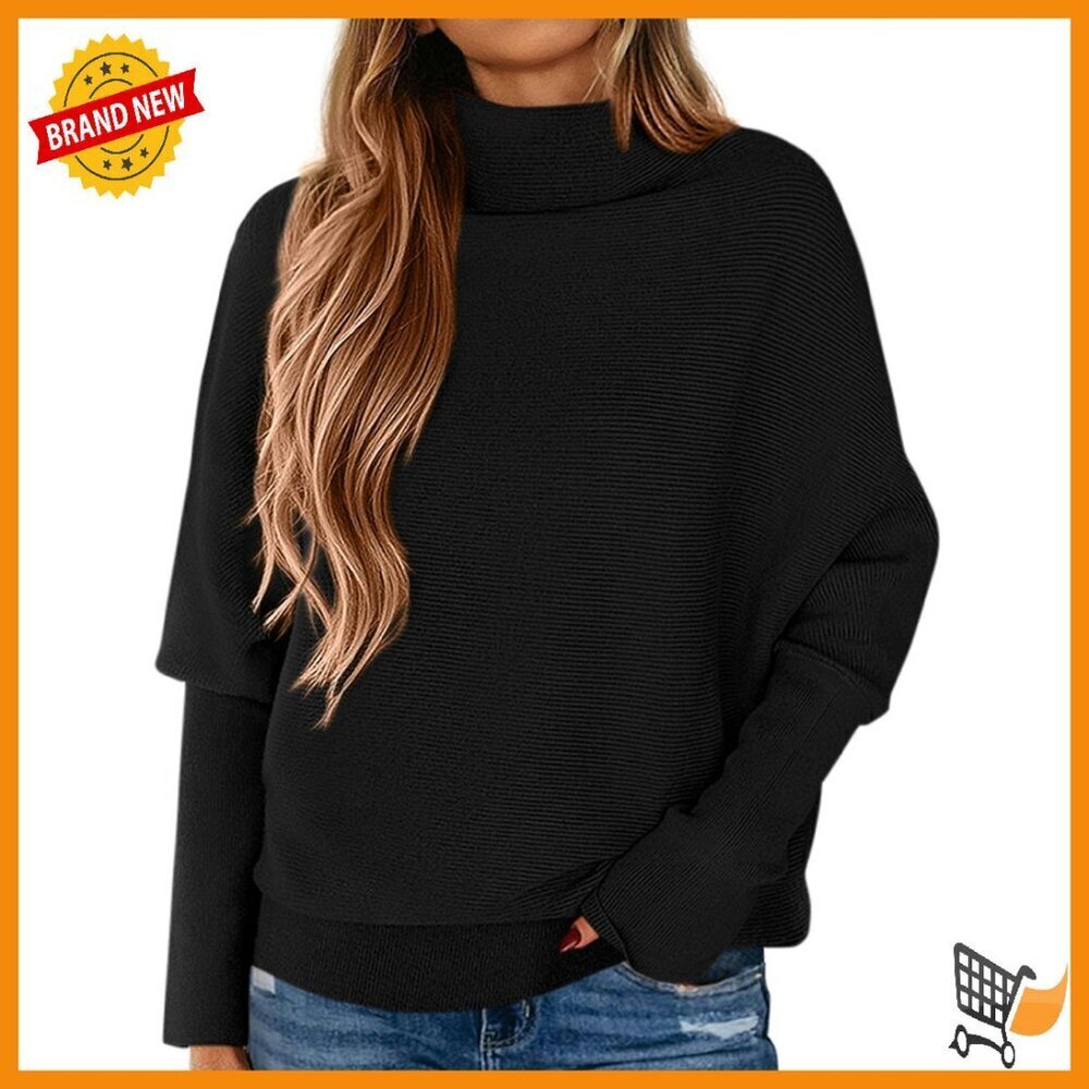Cozy Turtleneck Sweater with Batwing Sleeves, Loose Knit Pullover